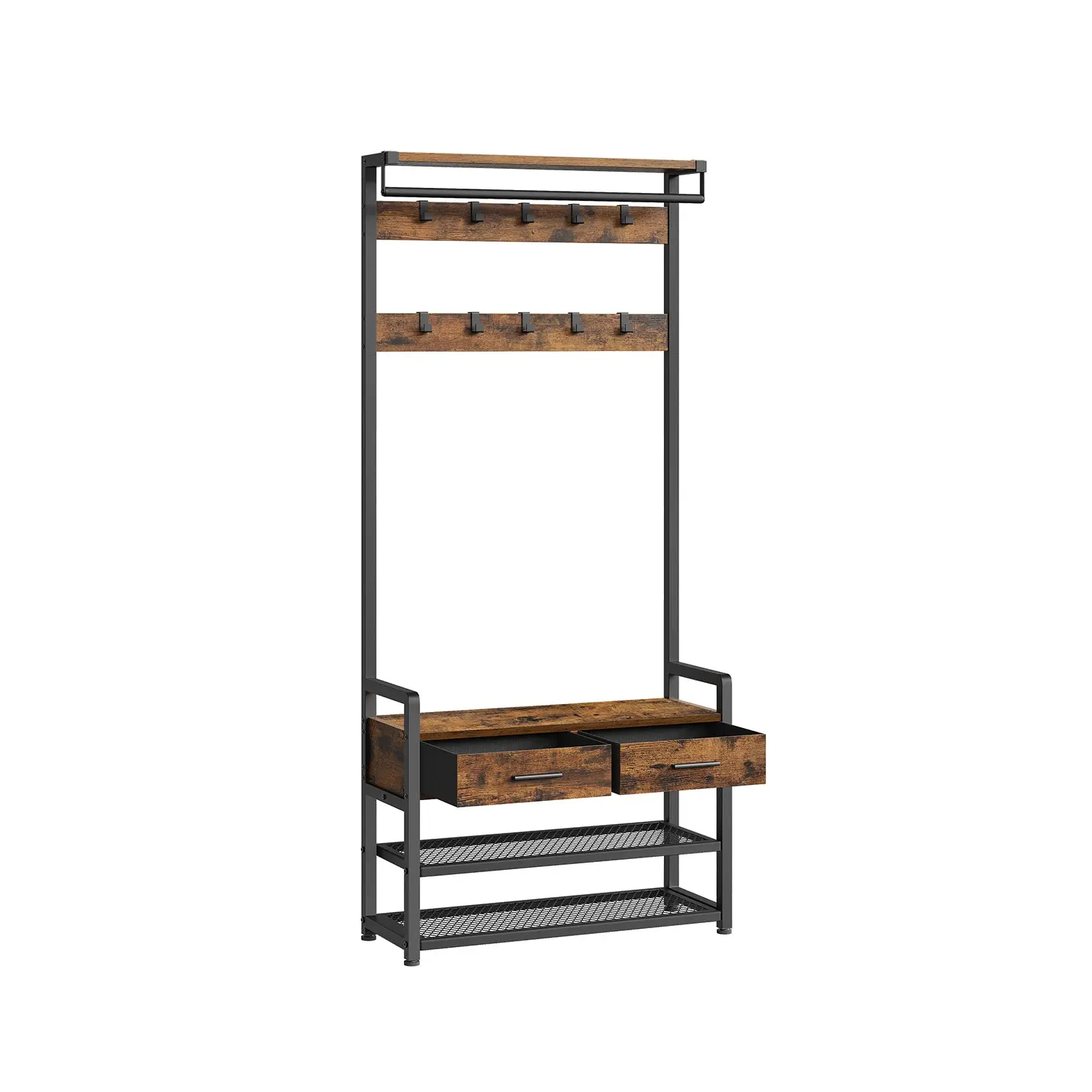 VASAGLE 6-in-1 Multifunctional Entryway Organiser - Hanging Clothes Rack with Removable Hooks, Adjustable Shelf, Shoe Storage Bench, Practical Quality Drawers, Space-Saving Customizable Particleboard Cabinet with Anti-Tip Kit