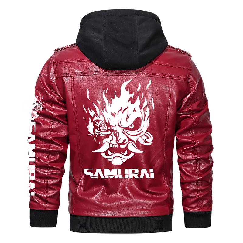 Premium Red Cyberpunk 2077 Samurai Gaming Leather Jacket Removable Hood- Best Gift Menswear Coats
