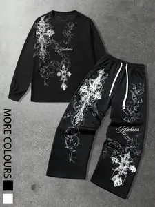 Men's Fitted Waffle Cross Print Hoodie and Drawstring Pants Set, Casual Fall & Winter Fashion, Soft Fabric, Street Style