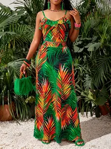 Two-Piece Set Summer Women's Tropical Leaf Print Ruffled Cami Crop Top & High Waist Maxi Skirt, Slit,Boho Style, Perfect for Vacation, Beach Outfit,Travel, Outings, Photoshoots, Beach, Resort Wear & Casual Parties