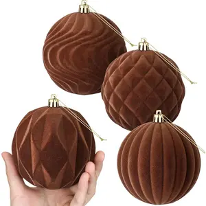 4 Pcs 4 Inch Brown Large Velvet Christmas Ball Ornaments Vintage Christmas Plastic Ball Ornaments Flocked Tree Hanging Decoration for Xmas Party Wedding Home Decor