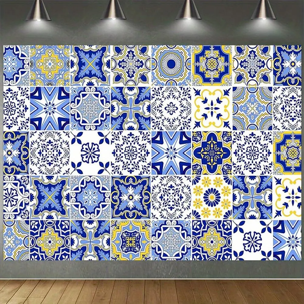 1pc Mediterranean Blue 2D Flat Tile Polyester Banner Backdrop - European Amalfi Coast Theme Decor for Weddings, Photo Booths - Gift for Event Planners, Wedding