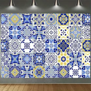 1pc 2D Flat Mediterranean Blue Tile Backdrop - European Amalfi Coast Theme Decor Birthdays, Weddings, Photo Booths - Polyester Banner Inch - Gift Parents, Friends, Planners