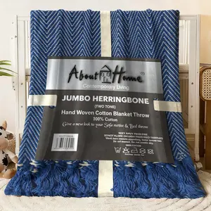 Two Tone Jumbo Herringbone Hand Woven Cotton Blanket Throw - Soft Cozy Tasseled Design for Bed Couch Sofa, 100% Cotton All - Season Decorative Throw by About Home, Breathable Lightweight Blanket