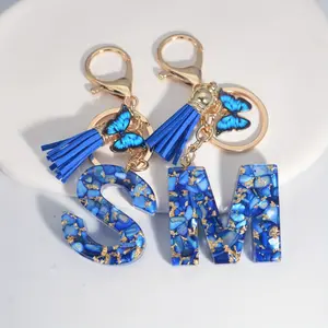 1pc Women's Royal Blue Butterfly & Tassel Letter Keychain - Golden Glitter Mosaic Design, Lobster Clasp Key Ring for Keys, Bags, Backpacks - Fashion Gift for Friends, Bag Decoration | Stylish Letter Pendant | Decorative Tassel