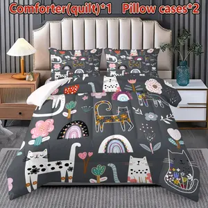 Cartoon Cat Floral Quilt Set with Pillowcases, Polyester Fiber, 200gsm Filling, Ideal for Couples, Soft Bedding for Bedroom