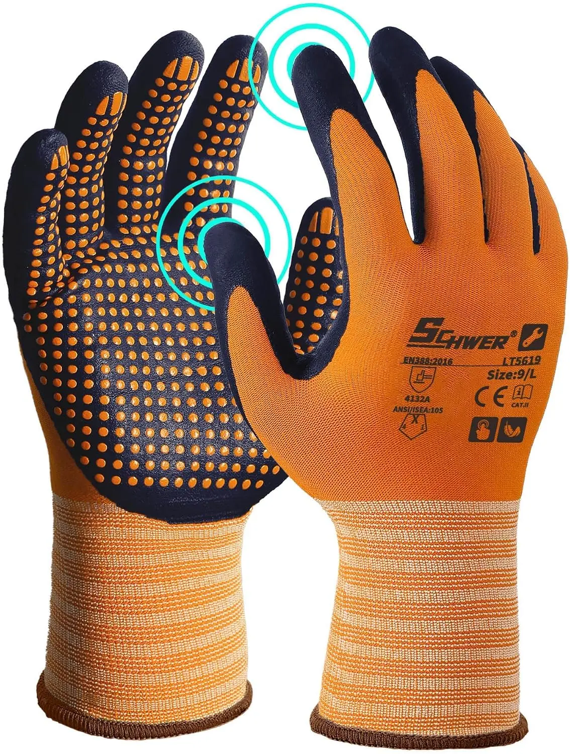 Schwer LT5619 Micro-Foam Nitrile Dipped Work Gloves, Seamless Knit, Dotted Palm Grip, Touchscreen Capable, for Construction, Automotive Electronic Assembly