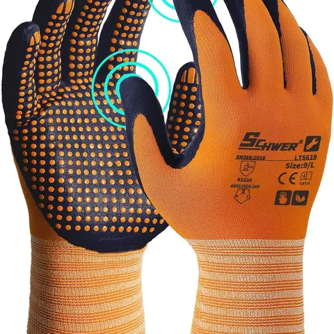 Schwer LT5619 15g Seamless Knit Micro-Foam Coat Nitrile Dipped Gloves, Dotted Palm, Breathable, Touchscreen Safe, Ergonomic Design, Oil/Waterproof, Abrasion-Resistant, for Manufacturing, Automobile Repair (Check Oil Compatible)