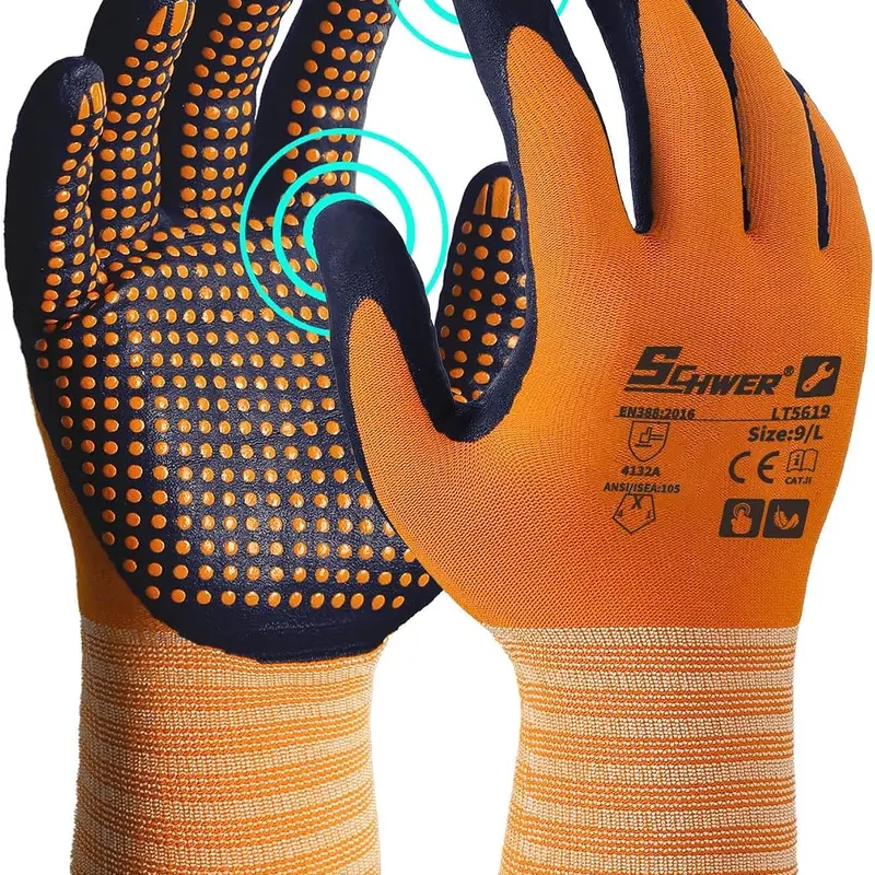 Schwer LT5619 15g Seamless Knit Micro-Foam Coat Nitrile Dipped Gloves, Dotted Palm, Breathable, Touchscreen Safe, Ergonomic Design, Oil/Waterproof, Abrasion-Resistant, for Manufacturing, Automobile Repair (Check Oil Compatible)