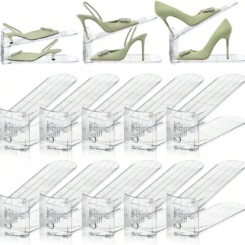 10-Pack Smooth Adjustable Shoe Slots Organizer, Transparent Space-Saving Shoe Stacker Holder Tray Rack for Closet, Multi-Level Organiser with Hat Storage & Freestanding Garment Rack Compatibility