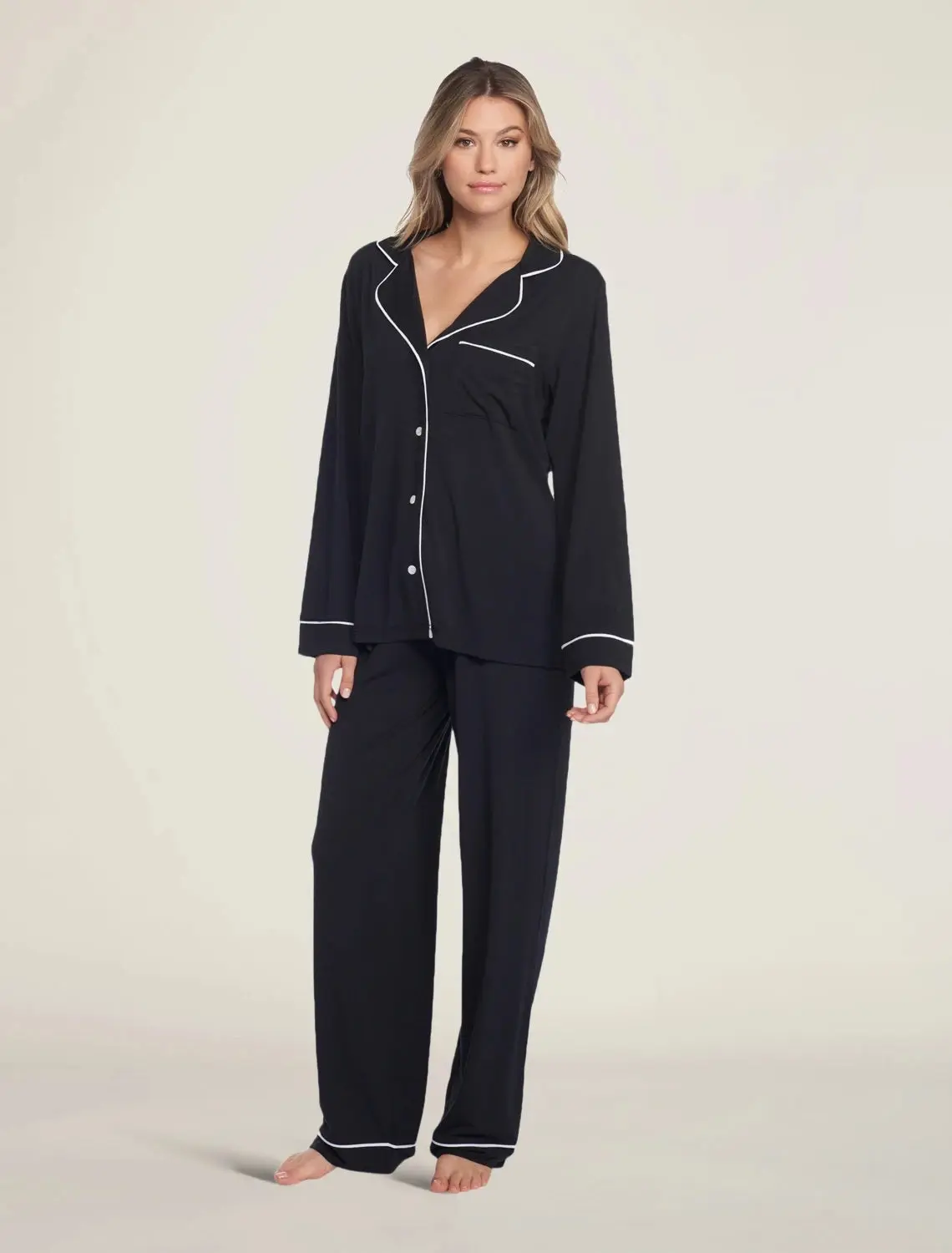 {Barefoot Dreams} Luxe Milk Jersey Pajamas :: Women's :: Black w/ Pearl Piping