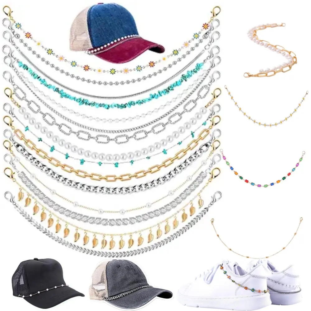 18 pcs Trucker Hat Chains Detachable Pearl Metal Star Chains DIY Pearl Metal Chains Cap Brim Decoration Jewelry Accessories