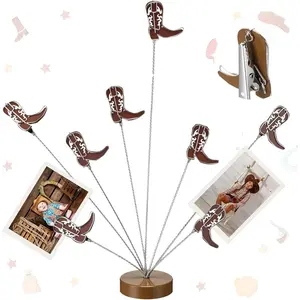 8-Branch Money Tree Photo Holder with Clips - Western Cowboy Boot Home Decor Table Centerpiece for Christmas Memo Notes, Wedding Photo Displays