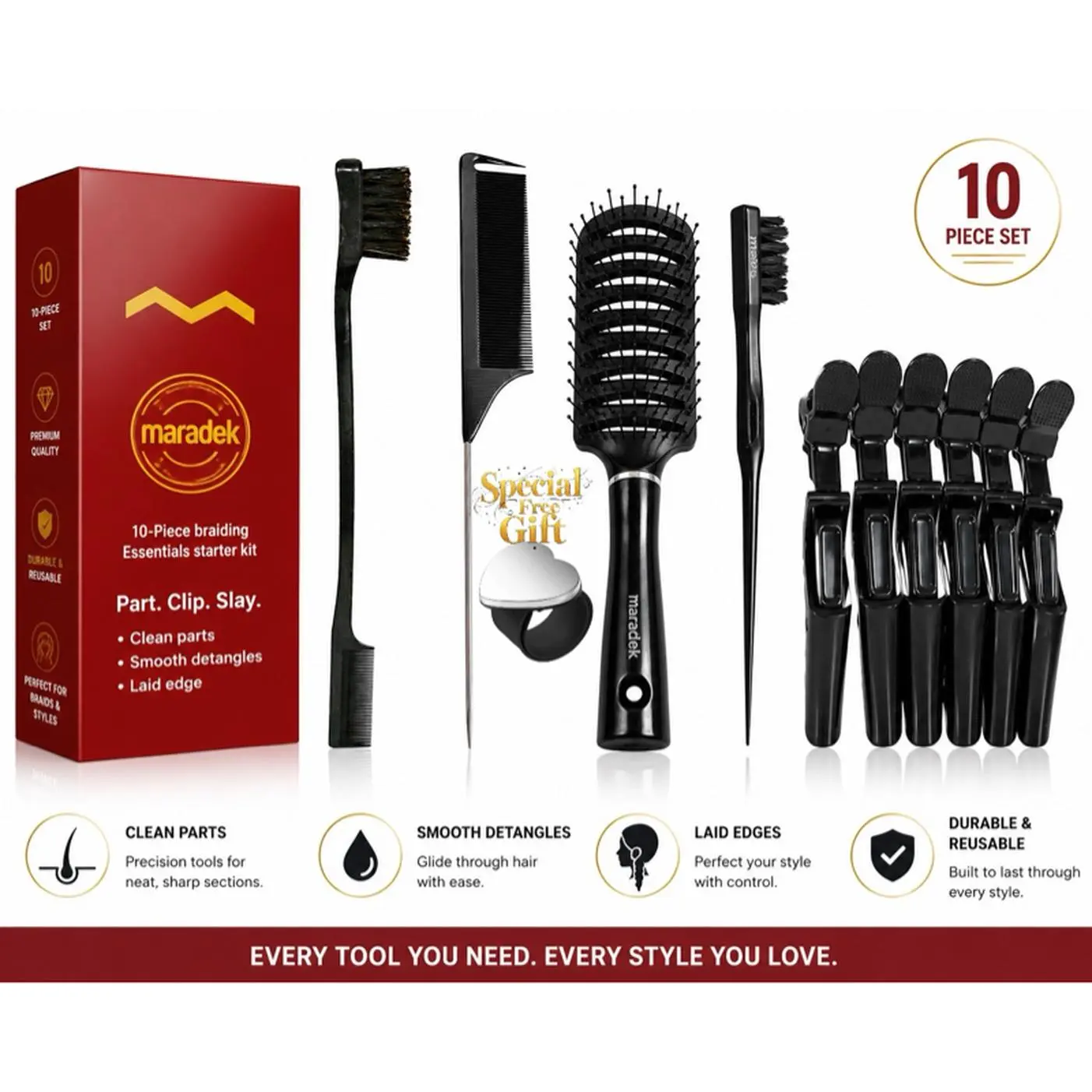 Maradek 10-Piece Professional Braiding & Styling Tool Kit with Edge Brush Clips Detangling Brush and Bonus Wrist Strap for Effortless Styling
