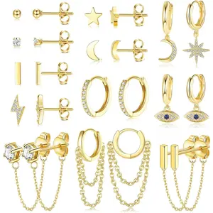 Sanfenly 12-Pair 14K Gold Plated Huggie Hoop & Cartilage Stacking Set - Hypoallergenic Moon Star CZ Chain Dangle, Statement, Studs for Women’s Multi Piercing, Earring Stacking Set, Dangle Earrings, Statement Earrings