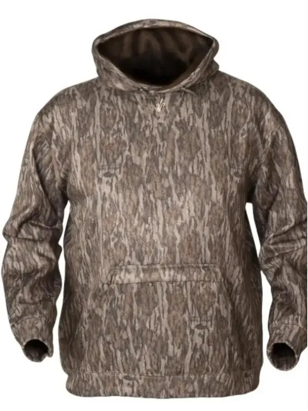 Bottomland Camo Hoodie. Dominant Earth Brown, Moss Gray, Beige Branches. Woodland Camouflage Pattern, Hunting.No drawstring.