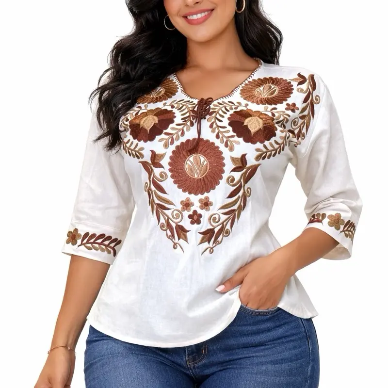 Ale Blouse - Mexican Embroidered Women's Blouse Half Sleeve with Adjustable Waist Strings Made in Mexico Traditional Craftsmanship