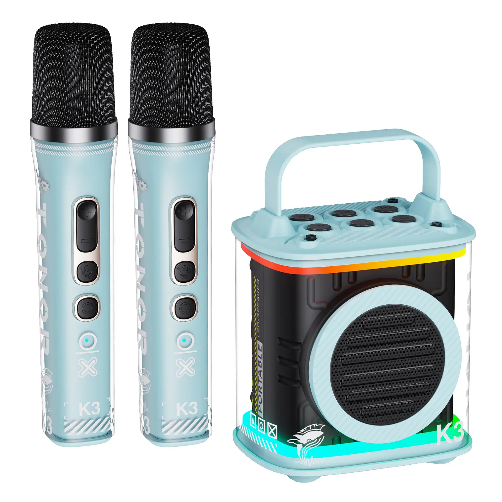 TONOR K3 Mini Karaoke Machine with 2 Wireless Microphones, Portable Bluetooth Speaker, Colorful LED Lights, Ideal for Kids and Adults, Birthday Gift