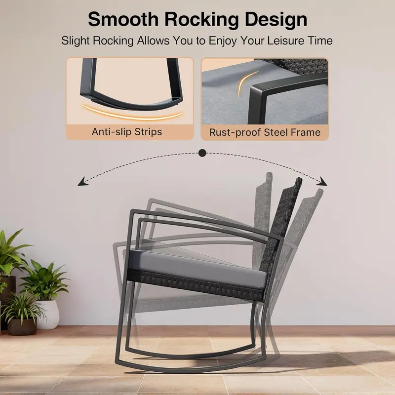 GIZOON 3 Pieces Patio Furniture Set Rocking Bistro Set Outdoor Rattan Conversation with Coffee Table for Garden Balcony Backyard Poolside (Grey Cushion)
