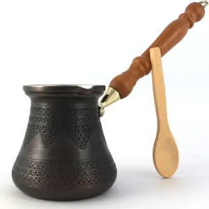 Copper - PCZ Series (Large-14fl.oz) - Thickest Solid Copper Engraved/Hammered Turkish Greek Arabic Coffee Pot with Wooden Handle, Stovetop Coffee Maker Cezve Jezve Jazva Ibrik Briki (Antique)