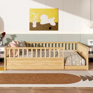 [Fahuac] Queen Montessori Floor Bed with Safety Guardrails, Low Profile Wood Platform Bed Frame for Kids & Toddlers, Natural Floor Bed No Box Spring Needed, Shared Bedroom Ready