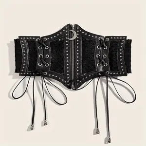 Single-Pack Women's Elastic Waist Cincher, Y2K Millennium Fashion Vintage Moon Hot Mesh Punk Style Corset Belt, Outer Wear Decorative Waistband with Ties