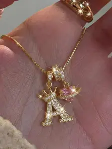 Heart Zircon Crown Initial Pendant Necklace, Personalized Lockbone Chain, Luxury Copper Material, Daily Wear, Gift-Ready Jewelry