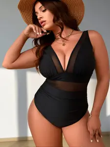 Women's Plus Size Mesh Panel 1-Piece Swimsuit - Deep V Neck, Ruched Tummy Control, Removable Pads, Sexy Black Beach Swimwear (Plus Size Swimsuits)