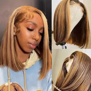 4/27 Honey Blonde 13x4 HD Lace Front Wigs  180 Density Human Hair Highlight Ombre Bob Wig Human Hair Highlight Ombre Pre Plucked Short Bob Wigs for Women Glueless 10 Inch