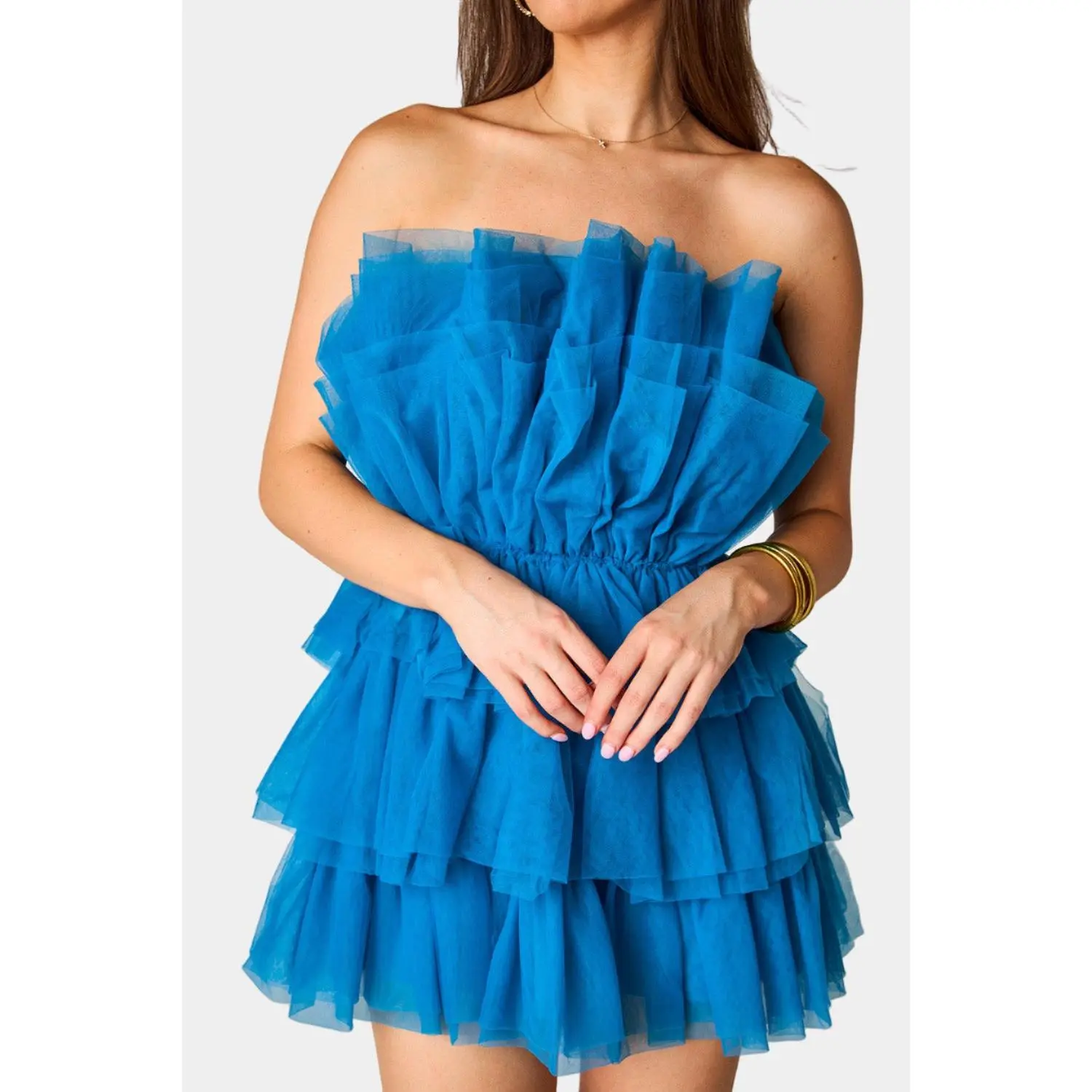Powder Puff Strapless Tulle Mini Dress - Indigo