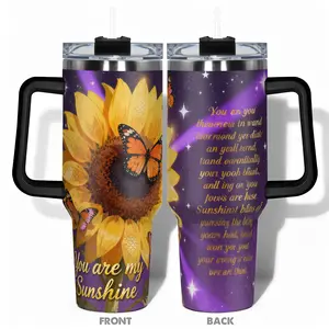 1pc 40oz/30oz/22oz/20oz/14ozCup Stainless Steel Tumbler With Sunflower Butterfly Design, Stainless Steel Drinkware, Leakproof Large Capacity, Needed for Gym, Hiking, Travel Ideal Birthday Christmas Gift Perfect Gift