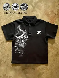 Men's Dark-themed Street Gothic Style Black Skull Printed Polo Shirt - American Retro Y2K Street Style Short-Sleeve Top, Graphic Polo Shirts, Suitable for everyday casual wear, dates, light business casual, summer outings