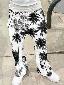 Single Color Palm Tree Print Bell Bottoms, Fashion Tropical Casual Long Pants, Fitted Geometric Pattern, All Seasons Wear