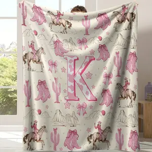 Personalized Pink Cowgin Doot Blanket Monogrammed A-Z Flannel Throw with Coquette Dow Western Horse Print Soft Flannel for Girls Kids Teens Bedroom Nursery Decor Dinosaur Pattern Comfortable Gift