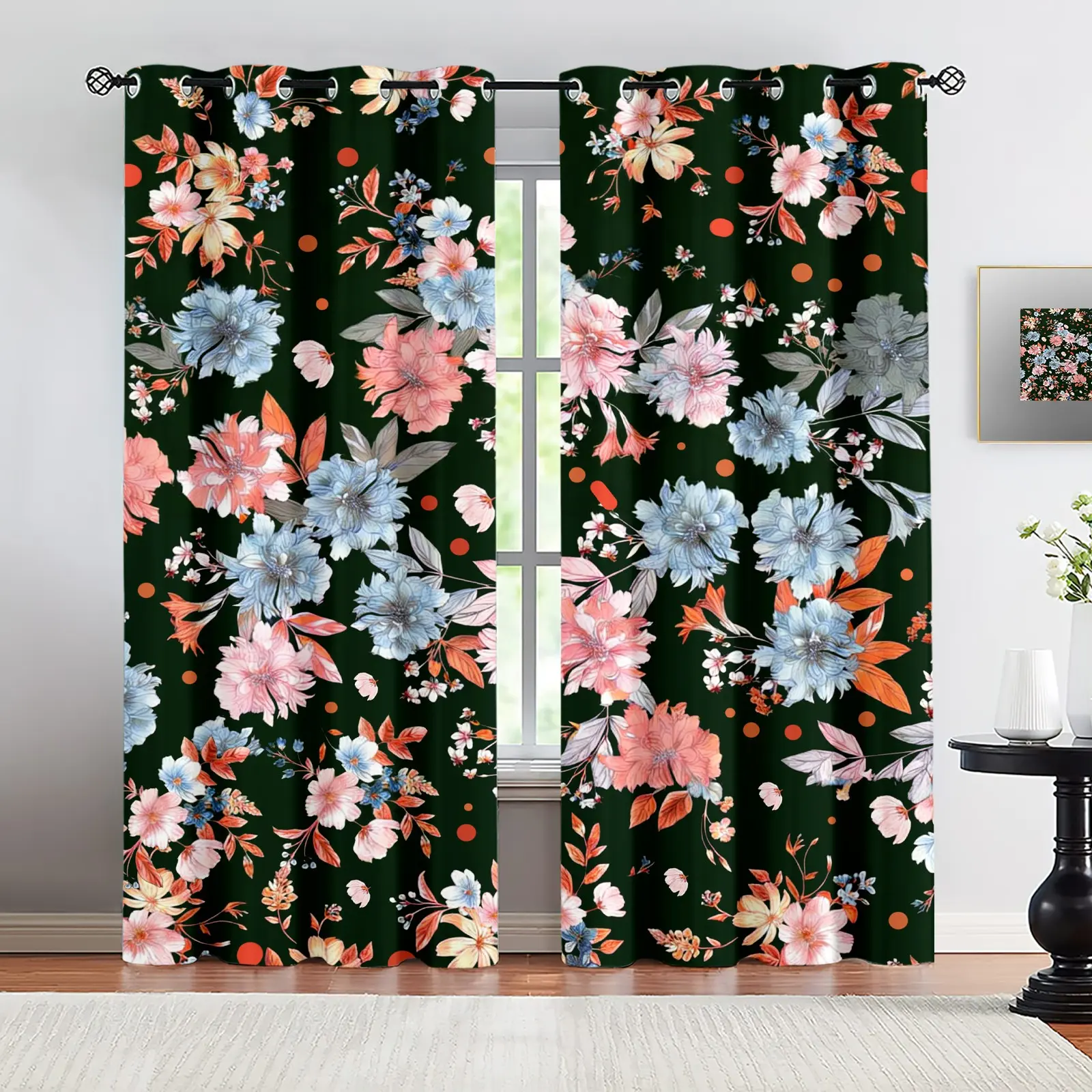 2 Panels Vintage Watercolor Floral Printed Curtains, 80%-90% Light Blocking Rate, Room Darkening Drapes for Bedroom & Living Room, Digital Print Retro Floral Design, Stylish Window Decoration for Aesthetic Home Decor, Perfect Decorative Gift for Any Occas