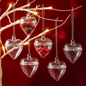 6 count Hinged Glass Clear Heart Ornament Valentine's Day Fillable Ornament That Open Orb 3.6 Inch Romantic Clear Glass Box  with Opening for Valentine's Wedding DIY Holiday Decorations