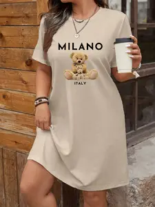 New Summer Women's Knit Dress, Teddy Bear Pattern Milano Letter Print, Casual Long T-Shirt, Round Neck Short Sleeve, Trendy Fashion Casual Wear