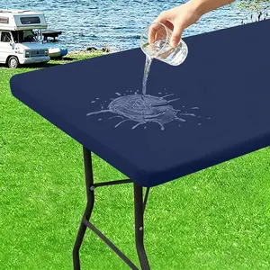 6 Foot Rectangle Elastic Fitted Tablecloth, Waterproof Table Cover, Washable Table Cloth for, Camping, (Navy, 30" x 72")