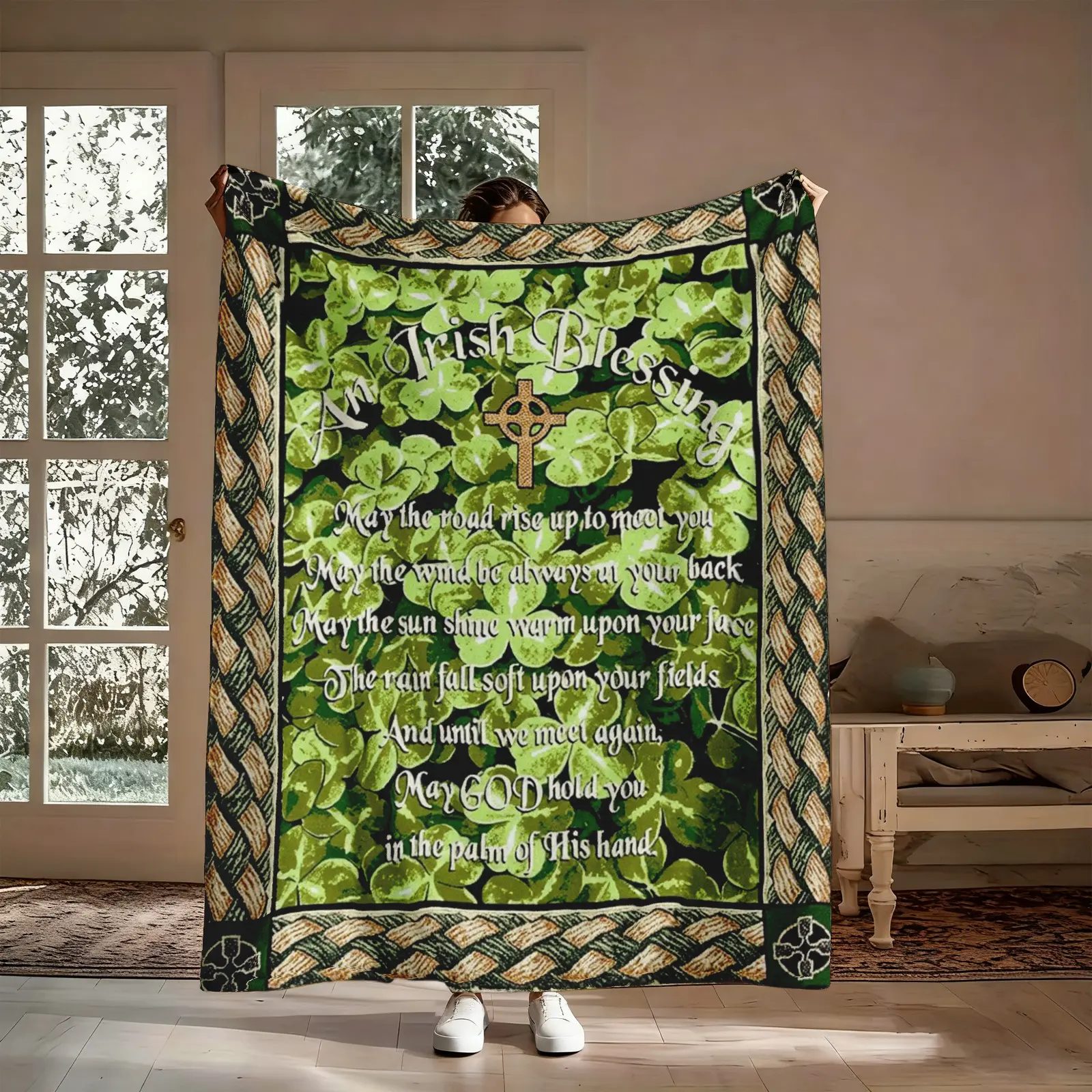 Irish Gift Blanket, An Irish Blessing May The Road Rise Up Shamrock Celtic Pattern Flannel Throw, Soft Cozy Warm Nap Blanket for Bedroom Living Room Couch, St Patrick's Day Gift for Her Him Friend, Christmas Birthday Holiday Present