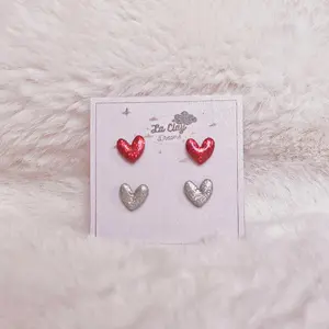 Cute Valentine's Day Polymerclay Studs Earrings Set of Two with Red and Silver Hearts, Glitter, and Resin
