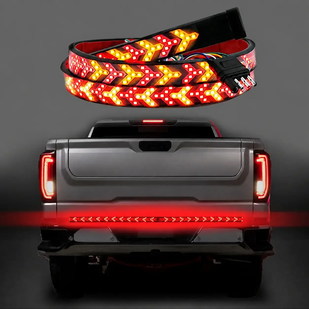 Fishbone Shaped LED Tailgate Light Bar, 60-Inch LED Tailgate Lights, Brake Running Sequential Turn Signal Strip Strobe Light Bar for Truck Pickup SUV RV Plug & Play Hard Wire T-tape Connector Version, Car Lighting Accessories