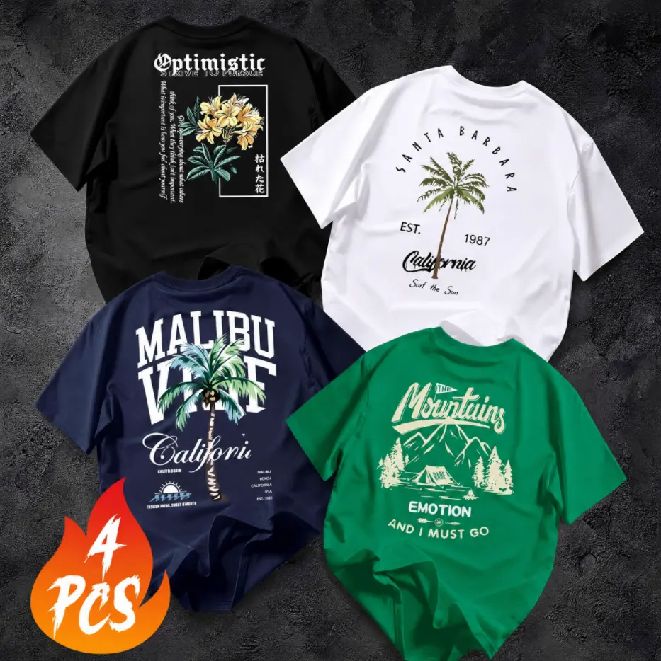 Men's 4-Piece Cotton Short-Sleeve Round Neck T-Shirts, Streetwear Tops with Floral Tropical Graphic Prints, Wrinkle-Resistant Relaxed Fit, Machine Washable, Ideal for Warm Weather, Gift for Him