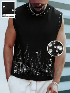 Men's Summer Casual Rivet Embellished Rhinestone Flame Vest, Sleeveless Street Style T-Shirt, Breathable Sparkling Summer Top