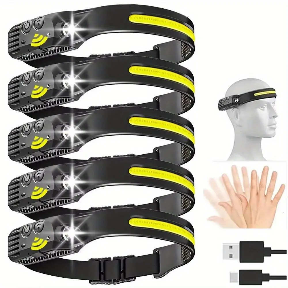 USB Rechargeable Headlamp with Headband - 230° Wide Beam Motion Sensor Flashlight, Portable Car Indicator Lighting for Outdoor Camping, Fishing (Mother's Day Gift Option)
