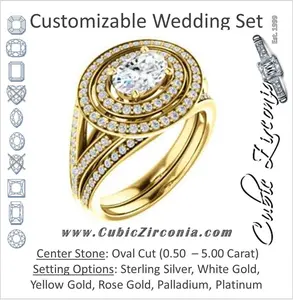 CZ Wedding Set, featuring The Miriam engagement ring (Double Halo Ultra-Wide Split Pavé Band with Customizable Oval Cut Center)