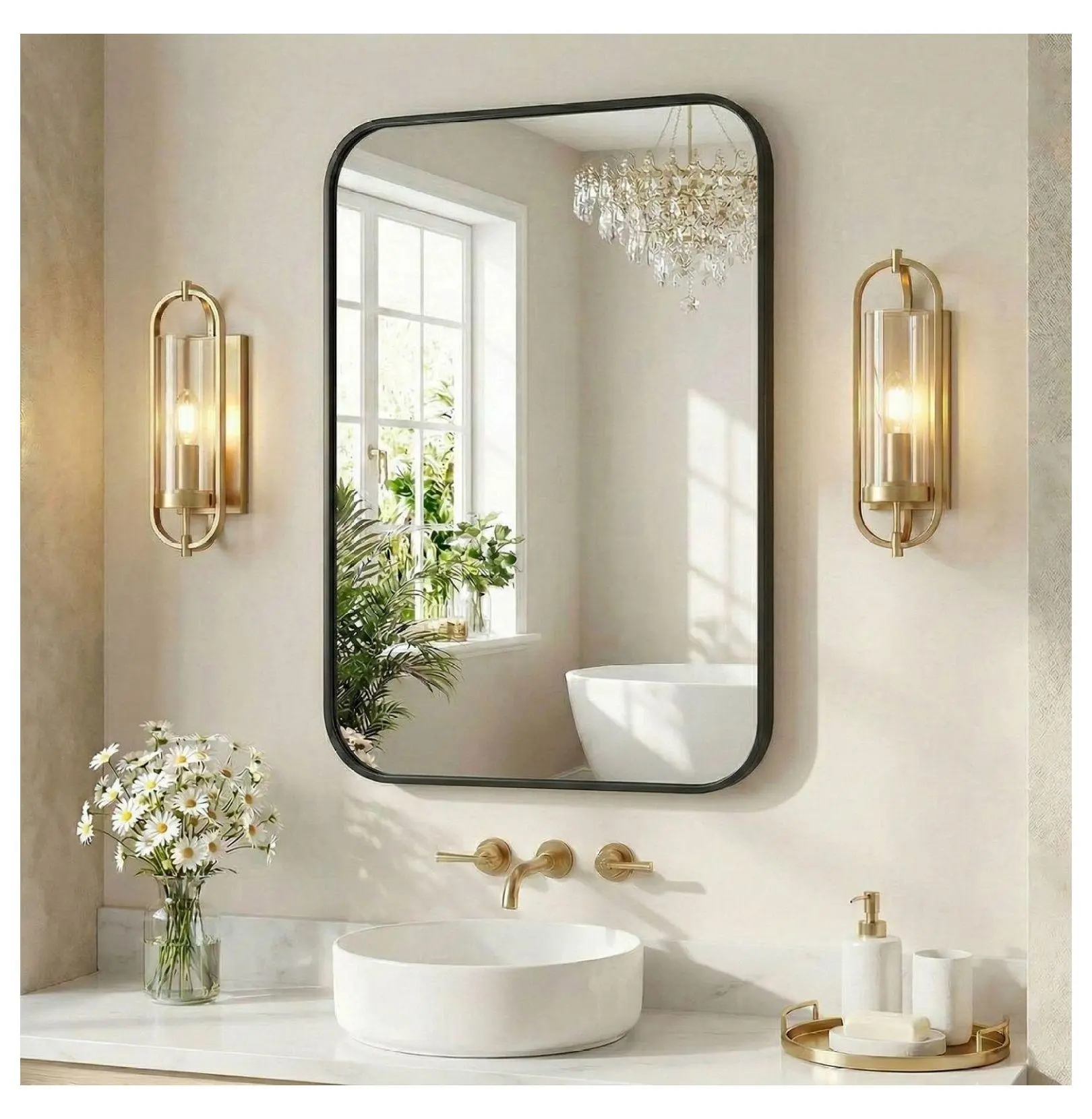 Rounded Corner Square Mirror, Aluminum Framed Bathroom Vanity Mirror, Tempered Glass Wall Mirror for Bedroom & Living Room