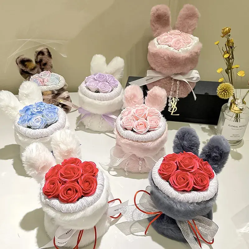 Scented Forever Artificial Rose Cute Rabbit Ears Flower Bouquet Wedding Valentines Day Mothers Day Teacher's Day Gift Home Decor