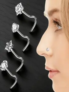 4pcs Elegant Simple 304 Stainless Steel Zirconia Nose Rings, Spiral Nose Ring, Unisex Daily Use and Vacation, Perfect Valentine's Day Gift