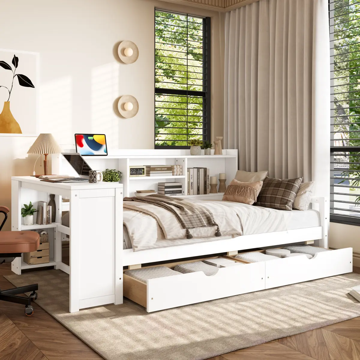 Contemporary White Twin Size Wood Corner Daybed - Space-Saving Storage Bed with Desk, USB Port, Bookcase, Drawers, Compartments, 88.7inL*48.6inW*38.1inH, 126lbs Capacity, Durable, Assembly Required, for Living Room, Office