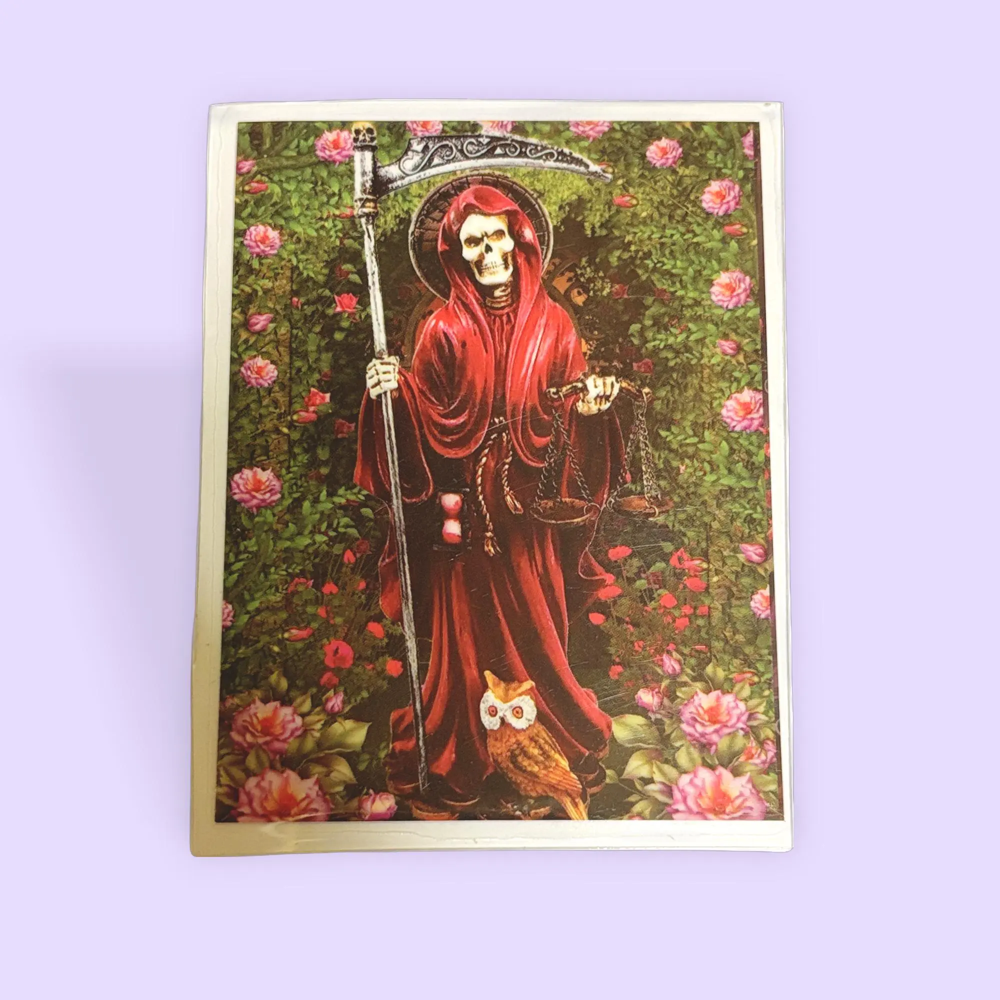 Santa Muerte Religious Prayer Card, Spanish Prayer for Red Robe, 3x4 Inches Daily Devotion Home Decor, Striking Red Robe Design